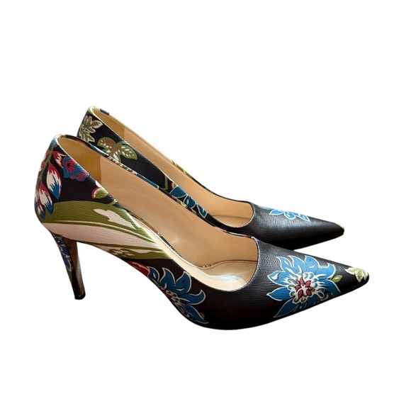 Prada Dark Floral Print Saffiano Leather Stiletto Heels Pumps EU 37 US 7 - Picture 7 of 13